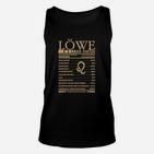 Löwe Fakten Unisex TankTop in Schwarz mit goldener Schrift und Grafik