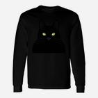 Schwarzes Langarmshirts mit Katzengesicht, Leuchtende Augen Design