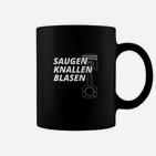 Motor-Tassen mit Humor, Saugen Knallen Blasen Aufdruck – Schwarz