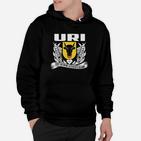 Schwarzes Hoodie mit URI-Emblem & Flügeln, Motivationsspruch Design