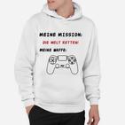 Gamer Hoodie Mission: Welt Retten mit Spielcontroller, Weiß