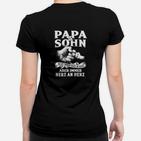 Papa & Sohn Herz an Herz Schwarzes Frauen Tshirt, Motiv mit Handabdruck