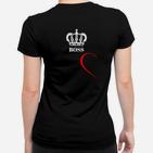 Schwarzes Frauen Tshirt mit Kronen-Boss-Aufdruck und rotem Akzent, Stilvolles Herrenshirt
