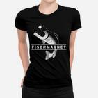 Fischmagnet Angler-Frauen Tshirt, Schwarz mit Magnet & Fisch Design