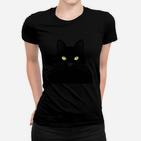 Schwarzes Frauen Tshirt mit Katzengesicht, Leuchtende Augen Design