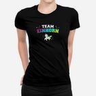 Team Einhorn Schwarz Frauen Tshirt, Buntes Einhorn-Motiv