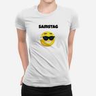Weißes Frauen Tshirt Samstag mit Emoji & Sonnenbrille-Design