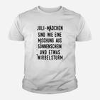 Juli-Mädchen Geburtstag Kinder Tshirt, Sonnenschein & Wirbelsturm Motiv