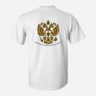 Weißes T-Shirt mit Russischem Wappen, Spruch Montes Aurei Aufdruck