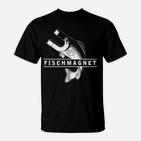 Fischmagnet Angler-T-Shirt, Schwarz mit Magnet & Fisch Design