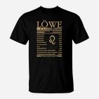 Löwe Fakten T-Shirt in Schwarz mit goldener Schrift und Grafik