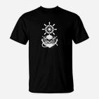 Maritimes Schwarzes T-Shirt mit Steuerrad und Anker Design, Mode für Seefahrer