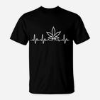Schwarzes T-Shirt, Cannabisblatt & Herzschlag Design, Trendige Mode