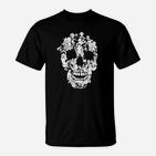 Schwarzes T-Shirt, Florales Totenkopf-Design, Modisches Tee