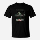 Schwarzes T-Shirt mit Berg- und Blumendruck, Inspirierendes Zitat Design