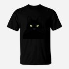 Schwarzes T-Shirt mit Katzengesicht, Leuchtende Augen Design