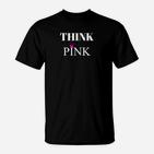 Schwarzes THINK PINK Slogan T-Shirt mit Blumenakzent, Modisches Tee