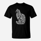 Tribal Katzen Design Schwarzes Herren T-Shirt in Weiß