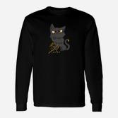 Schwarzes Langarmshirts mit grimmiger Katze & goldenen Akzenten, Modisches Tee