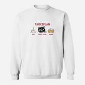 Weißes Sweatshirt mit Tagesplan Motiv: Kaffee, Gaming, Bier Icons