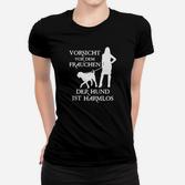Lustiges Hunde-Herrchen Frauen Tshirt, Vorsicht vor dem Frauchen Aufdruck