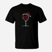 Festliches Wein-Glas T-Shirt mit Weihnachtsmütze, Schwarz