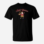 Frohe Weihnachten Santa & Rentier Grafik Schwarzes T-Shirt, Festliches Design