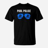 Pool Police Schwarzes T-Shirt, Blaue Sonnenbrillen-Design