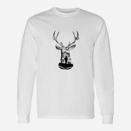 Hirsch-Silhouette Waldmotiv Langarmshirts, Unisex Weißes Grafiktee - Seseable