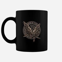 Nordisches Raben-Print Tassen Unisex in Schwarz, Viking-Themen Tee - Seseable