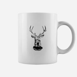 Hirsch-Silhouette Waldmotiv Tassen, Unisex Weißes Grafiktee - Seseable