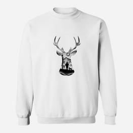 Hirsch-Silhouette Waldmotiv Sweatshirt, Unisex Weißes Grafiktee - Seseable