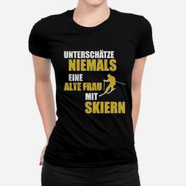 Alte Frau mit Skiern Frauen Tshirt, Sportliches Skifahrerinnen Statement - Seseable