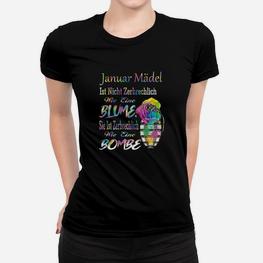 Januar Mädchen Frauen Tshirt Schwarz mit Blumen-Bombe Grafik - Seseable