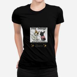 Schwarzes Katzenmotiv Frauen Tshirt, Fünf Bunnys & kleine Sterne - Seseable