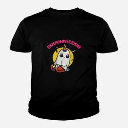 Boo-uhnicorn Schwarzes Kinder Tshirt, Halloween Geister Einhorn Design - Seseable