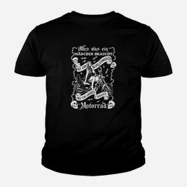 Schwarzes Biker-Motiv Kinder Tshirt für Frauen, Motorrad Design - Seseable
