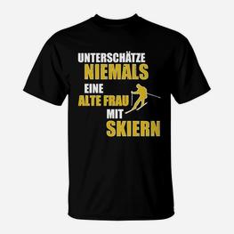 Alte Frau mit Skiern T-Shirt, Sportliches Skifahrerinnen Statement - Seseable