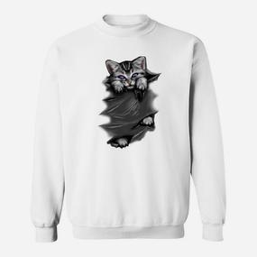 3D-Illusion Katzensprung Sweatshirt in Weiß, Optik für Katzenfreunde - Seseable De
