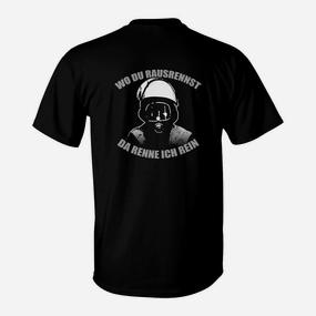 Schwarzes T-Shirt mit Helm-Motiv - Wo du rausrennst, da renne ich rein - Seseable De