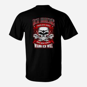 Totenkopf Schwarzes T-Shirt: Ich mach was ich will Spruch, Freiheitsbotschaft - Seseable De