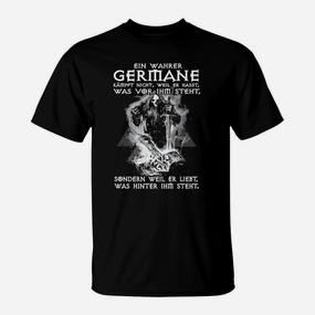 Schwarzes T-Shirt mit Germanen-Motiv, Spruch Ein wahrer Germane - Seseable De