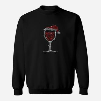 Festliches Wein-Glas Sweatshirt mit Weihnachtsmütze, Schwarz - Seseable De