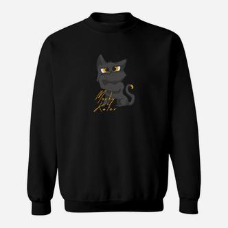 Schwarzes Sweatshirt mit grimmiger Katze & goldenen Akzenten, Modisches Tee - Seseable De