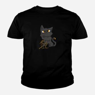 Schwarzes Kinder Tshirt mit grimmiger Katze & goldenen Akzenten, Modisches Tee - Seseable De