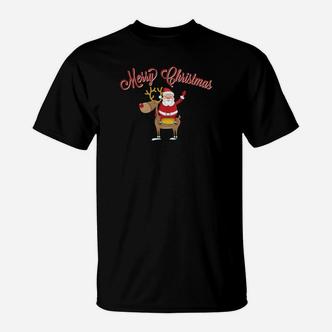 Frohe Weihnachten Santa & Rentier Grafik Schwarzes T-Shirt, Festliches Design - Seseable De