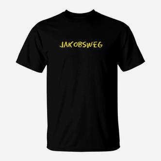 Jakobsweg Schwarzes T-Shirt mit gelber Schrift für Pilger - Seseable De