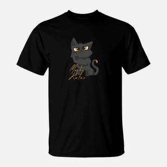 Schwarzes T-Shirt mit grimmiger Katze & goldenen Akzenten, Modisches Tee - Seseable De