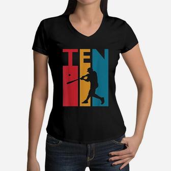 10th Birthday Gift Ten Vintage Baseball Birthday 10 Year Old Women V-Neck T-Shirt - Seseable