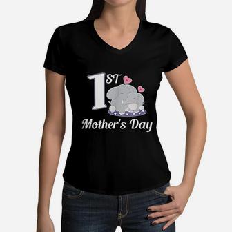 1st Mothers Day Elephant First Mothers Day Women V-Neck T-Shirt - Seseable